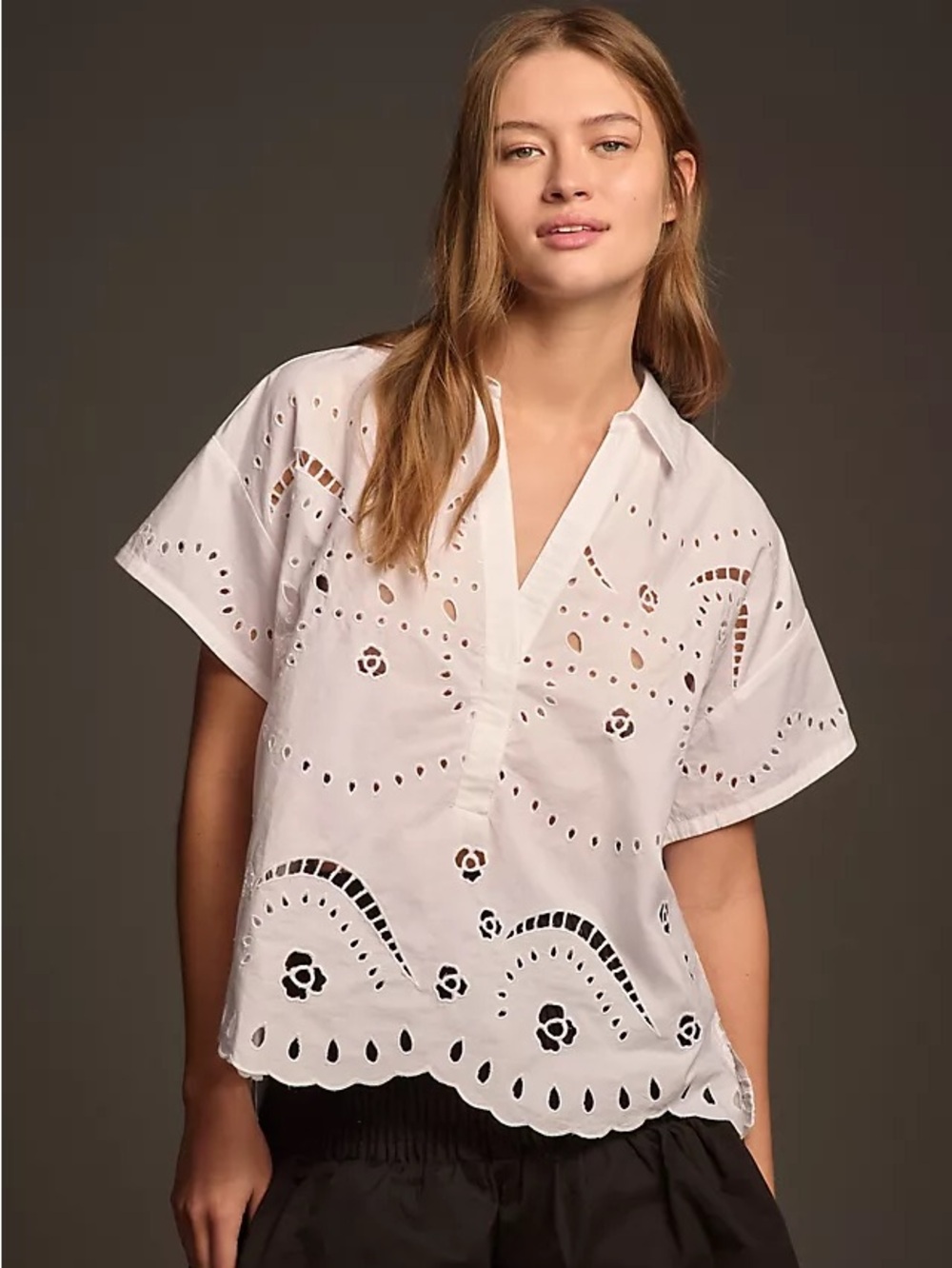 Anthropologie Maeve Short-Sleeve Boxy Eyelet Popover Blouse White Size Small